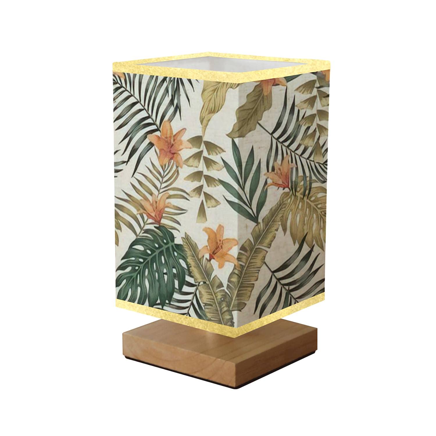 Dimmable Square Bedside Table Lamp with Tropical Green & Gold Palm Banana Leaves & Orange Lily Flowers Design, Wooden Base & Flaxen Fabric Shade - Nightstand Lamp for Bedroom, Living Room, Office | Perfect for Reading, Relaxing & Home Decor