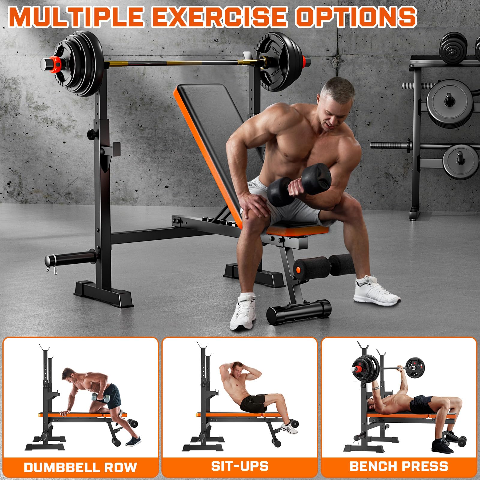 Fostoy 770lbs Weight Bench Set - Adjustable Olympic Bench Press with Squat Rack for Home Gym, Full Body Strength Training Equipment for Men & Women | Perfect for Home Workouts, Weightlifting, and Muscle Building