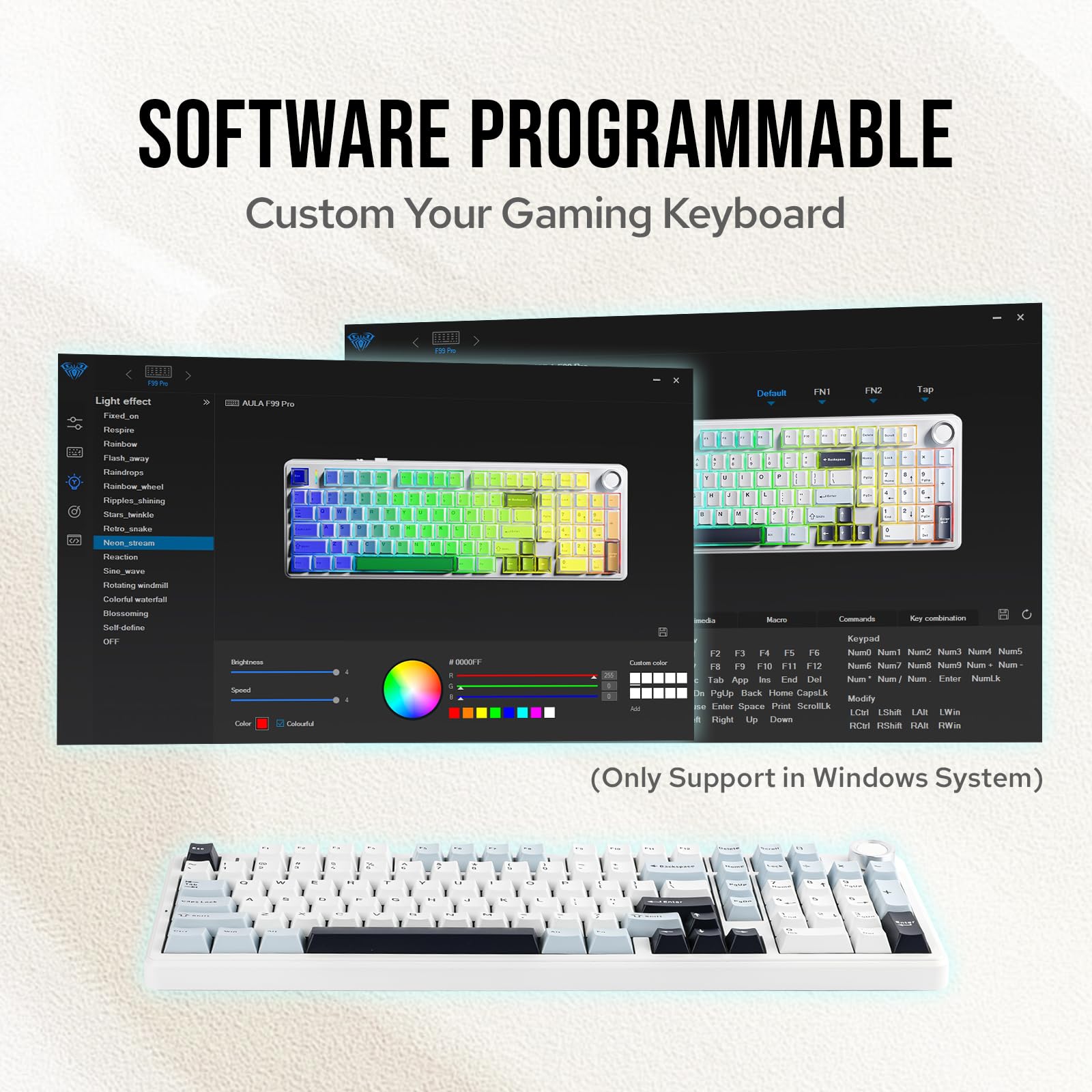 Aula F99 PRO 96% Wireless Mechanical Gaming Keyboard - Bluetooth 5.0/USB-C/2.4GHz Tri-Mode, Hot-Swappable Gasket Mount, 8000mAh Battery, RGB Backlit, Rotary Knob for Windows/Mac (White & Blue) - Perfect for Esports, Office Work & Streaming
