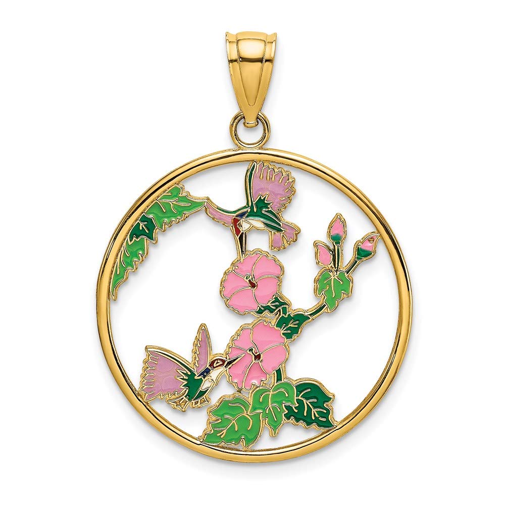 14K Yellow Gold Enamel Hummingbird & Floral Circle Charm Pendant - Elegant Jewelry Gift for Women, Perfect for Birthdays, Anniversaries & Special Occasions