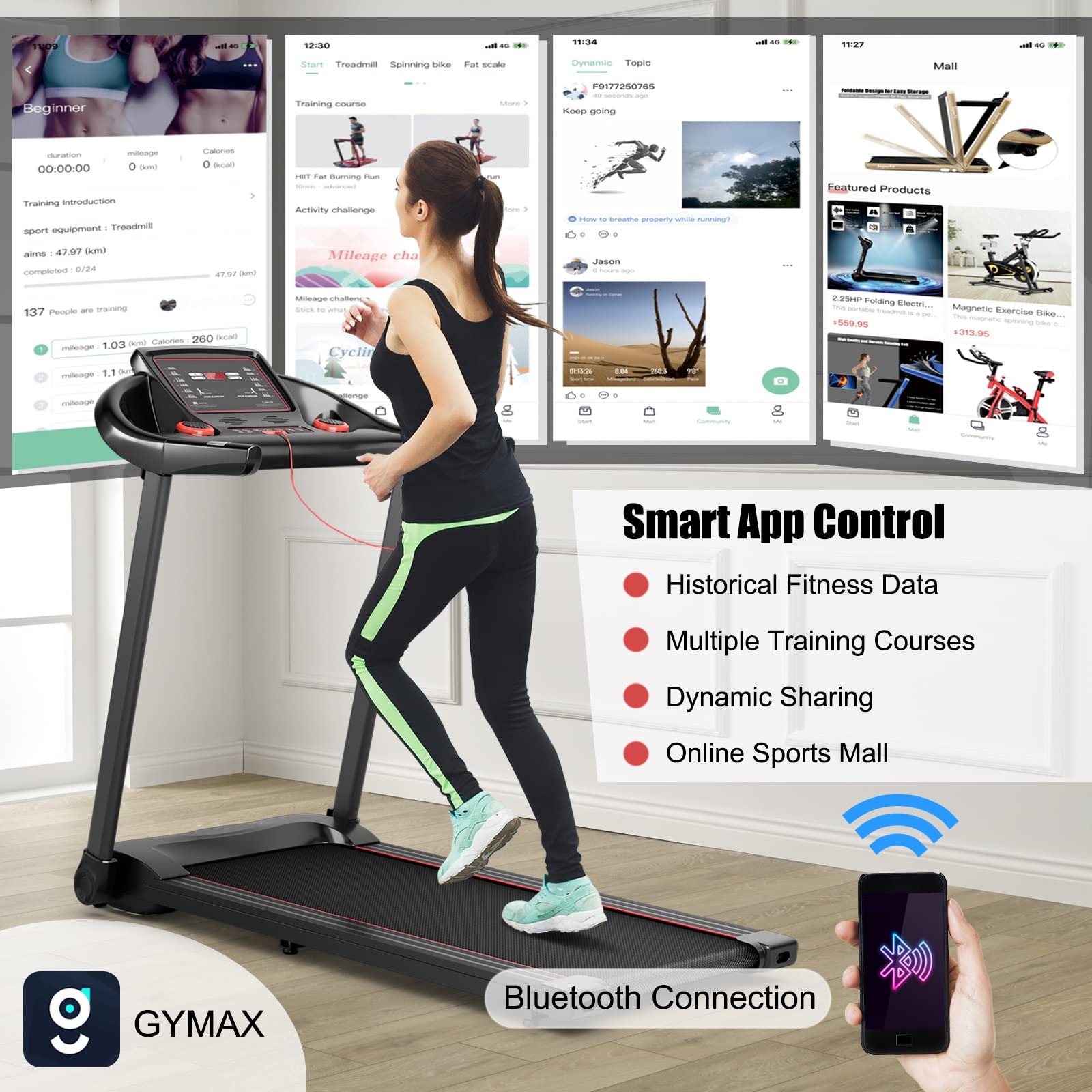 GYMAX Foldable Treadmill 2.25HP - Compact Folding Treadmill with LED Display, 12 Workout Programs, Bluetooth Speaker, Heart Rate Monitor & App Control - Portable Home Gym Equipment for Small Spaces, Apartments & Cardio Training