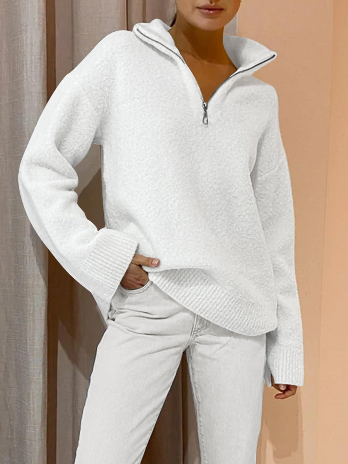 LILLUSORY Women's Oversized Half Zip Sweater - Fuzzy Knit Chunky Pullover with V-Neck for Fall 2024 | Warm & Cozy Winter Fashion | Perfect for Casual Outfits, Office Wear & Weekend Relaxation