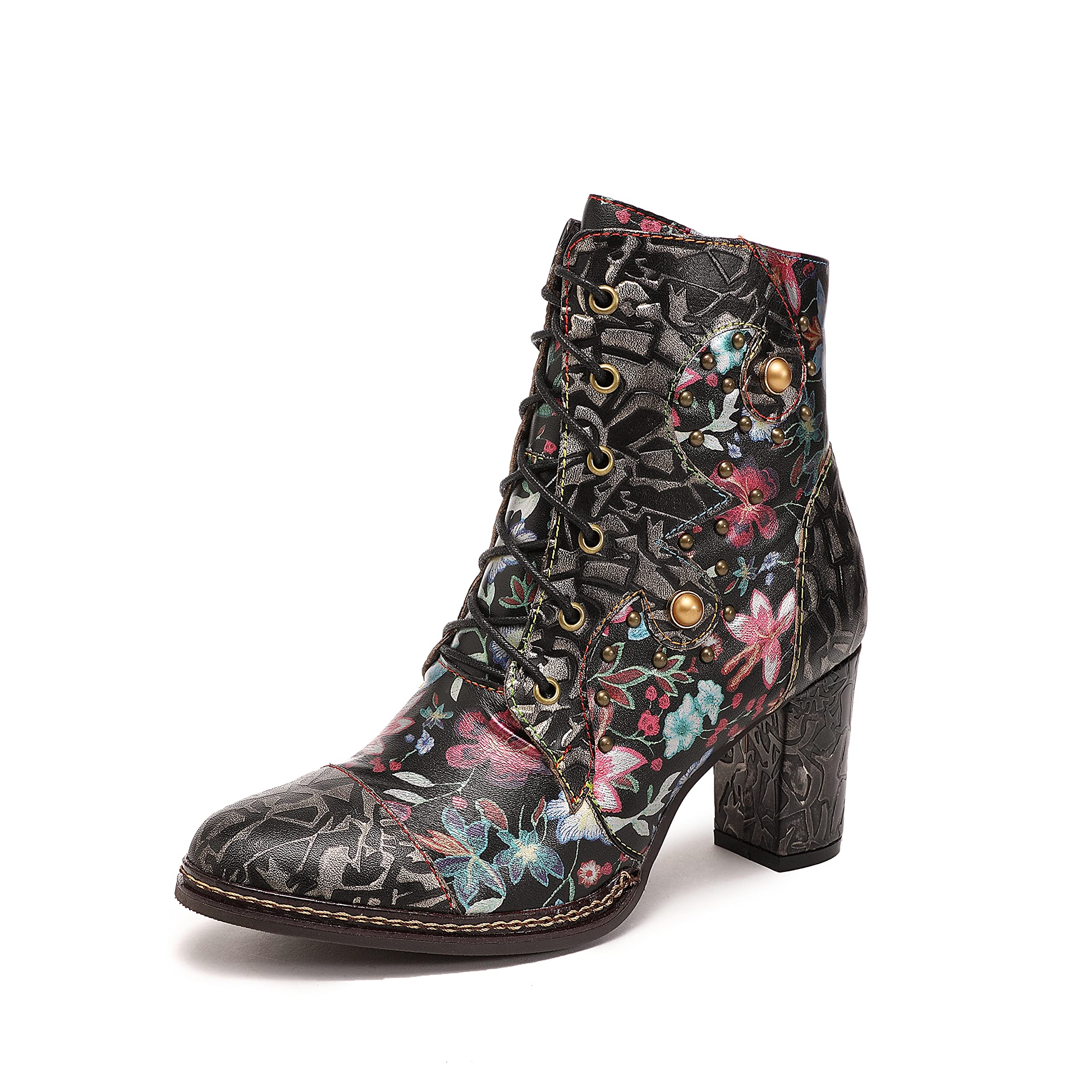 CrazycatZ Women's Vintage Leather Ankle Boots with Block Heel - Colorful Retro Style for Casual Outfits & Fall Fashion