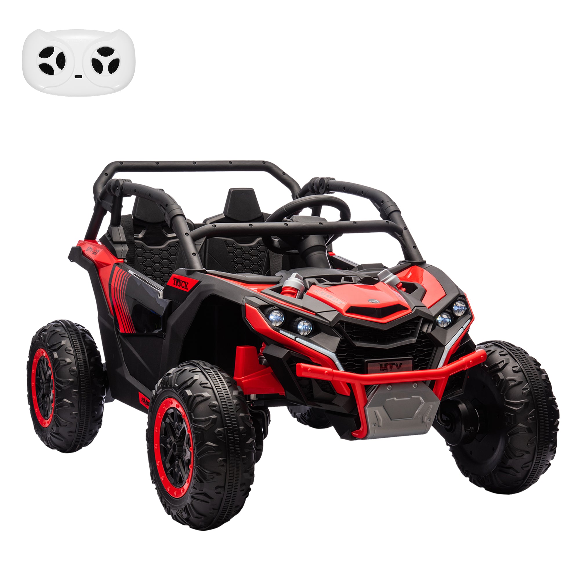 GARVEE 24V Kids Ride On UTV - 2 Seater 4WD Electric Truck with Parent Remote Control, High/Low Speed Modes, LED Lights & Music Player | All-Terrain 4 Wheel Shock Absorption | Perfect for Outdoor Play, Backyard Adventures & Birthday Gifts (Red)