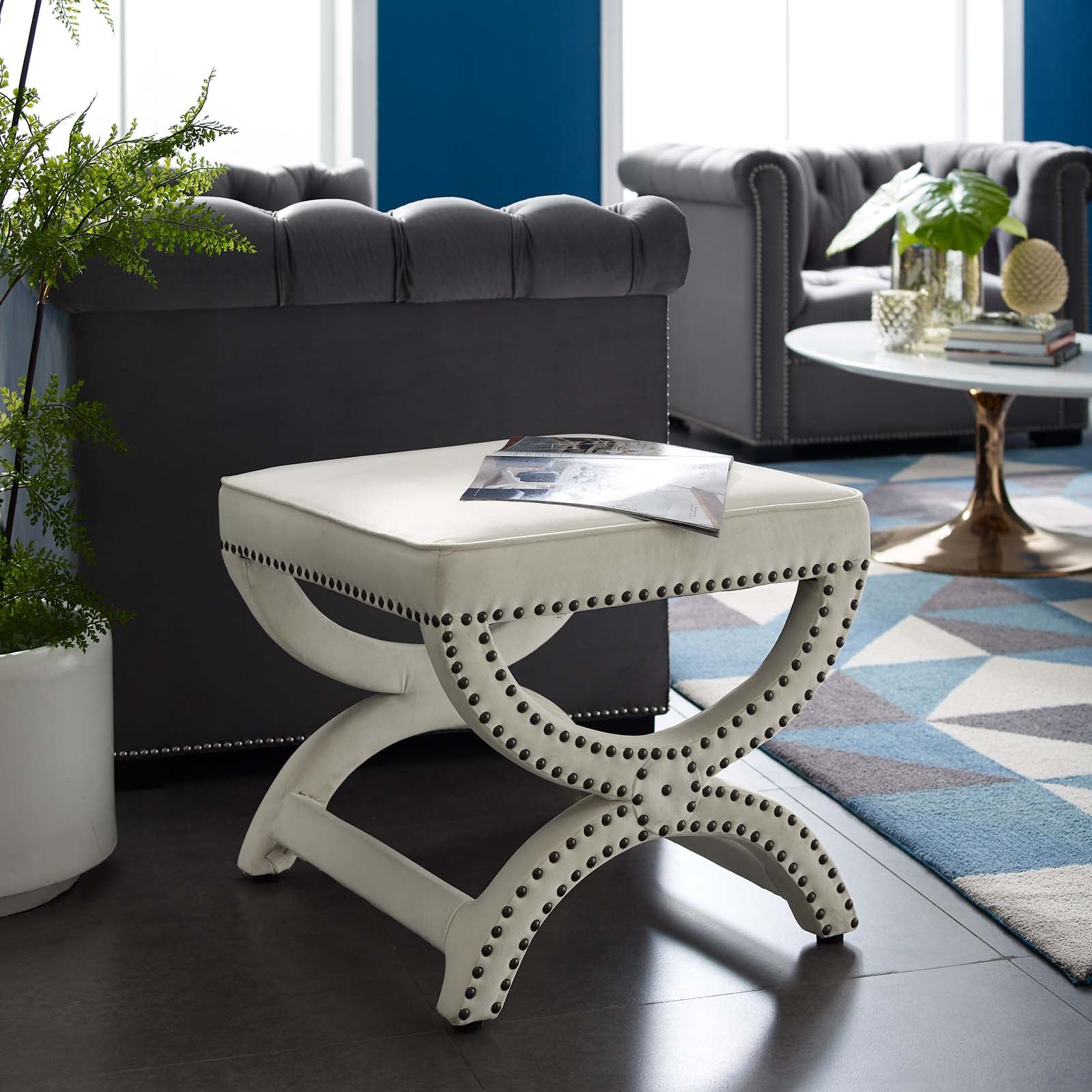 Expound Upholstered Ottoman with Nailhead Trim - Velvet Performance Footrest & Storage Bench - Perfect for Living Room, Bedroom or Home Office Decor