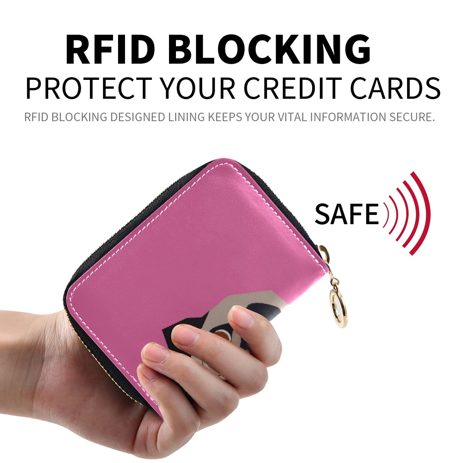 Pug Dog Design Pink RFID Blocking Leather Credit Card Wallet - Compact Women's Coin Purse with Key Organizer & Zipper Closure - Perfect for Everyday Use, Travel & Gift Giving