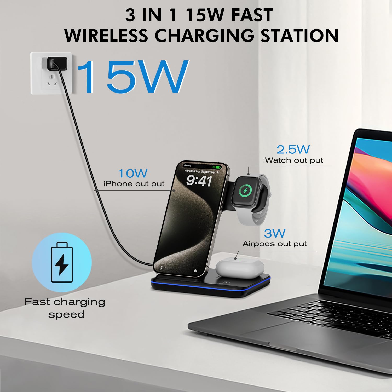 3-in-1 Fast Wireless Charging Station 15W for iPhone 15/14/13/12/11/Pro/Max/XS/XR/X/8/Plus, Apple Watch Series 2-9/SE & AirPods 2/3/Pro - Qi Certified Multi-Device Charger for Home, Office & Nightstand Use