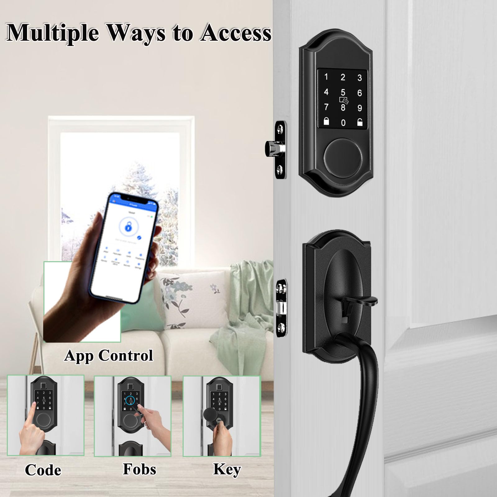 Smart Matte Black Keyless Entry Deadbolt with Handle Set - Secure Front Door Lock for Home & Apartment - Ideal for Modern Houses & Smart Home Systems
