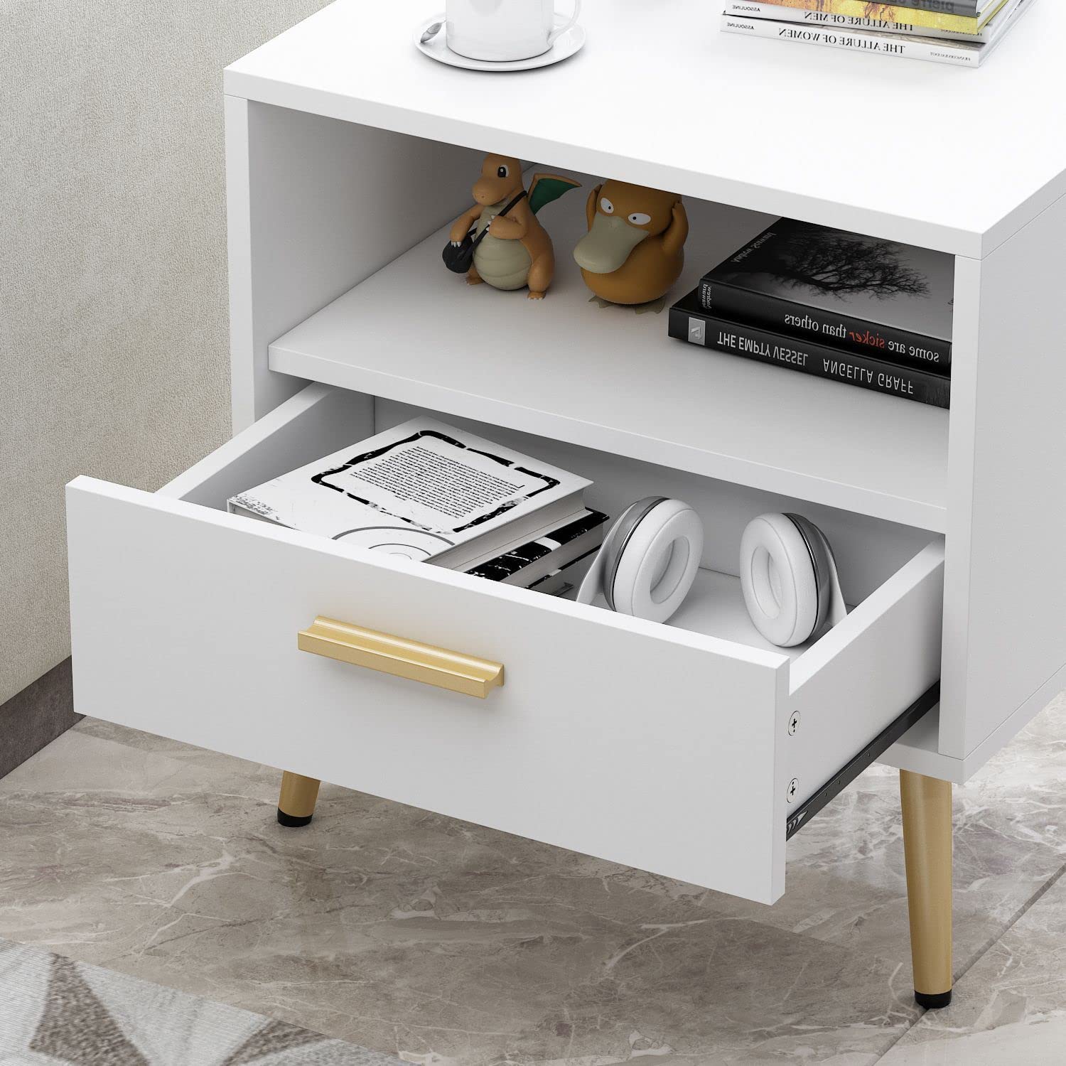 FAMAPY Set of 2 Modern Nightstands with Drawer & Open Shelf, White End Tables with Gold Metal Legs - 19.5