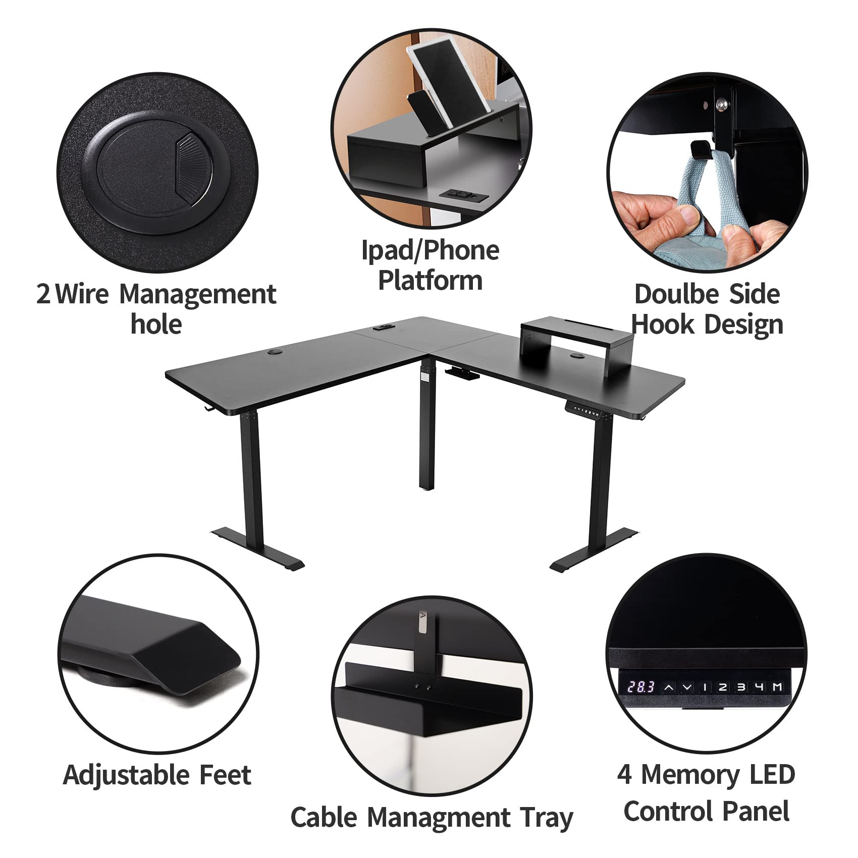 UNICOO L-Shaped Triple Motor Electric Height Adjustable Standing Desk - 60 x 60 Inch Corner Desk for Gaming & Home Office, Ergonomic Workstation with Easy Touch Control & Solid Steel Frame (Black Top/Black Frame - XOT-L3E-BB) - Perfect for Small Spaces, Streaming Setup and Productivity Boost