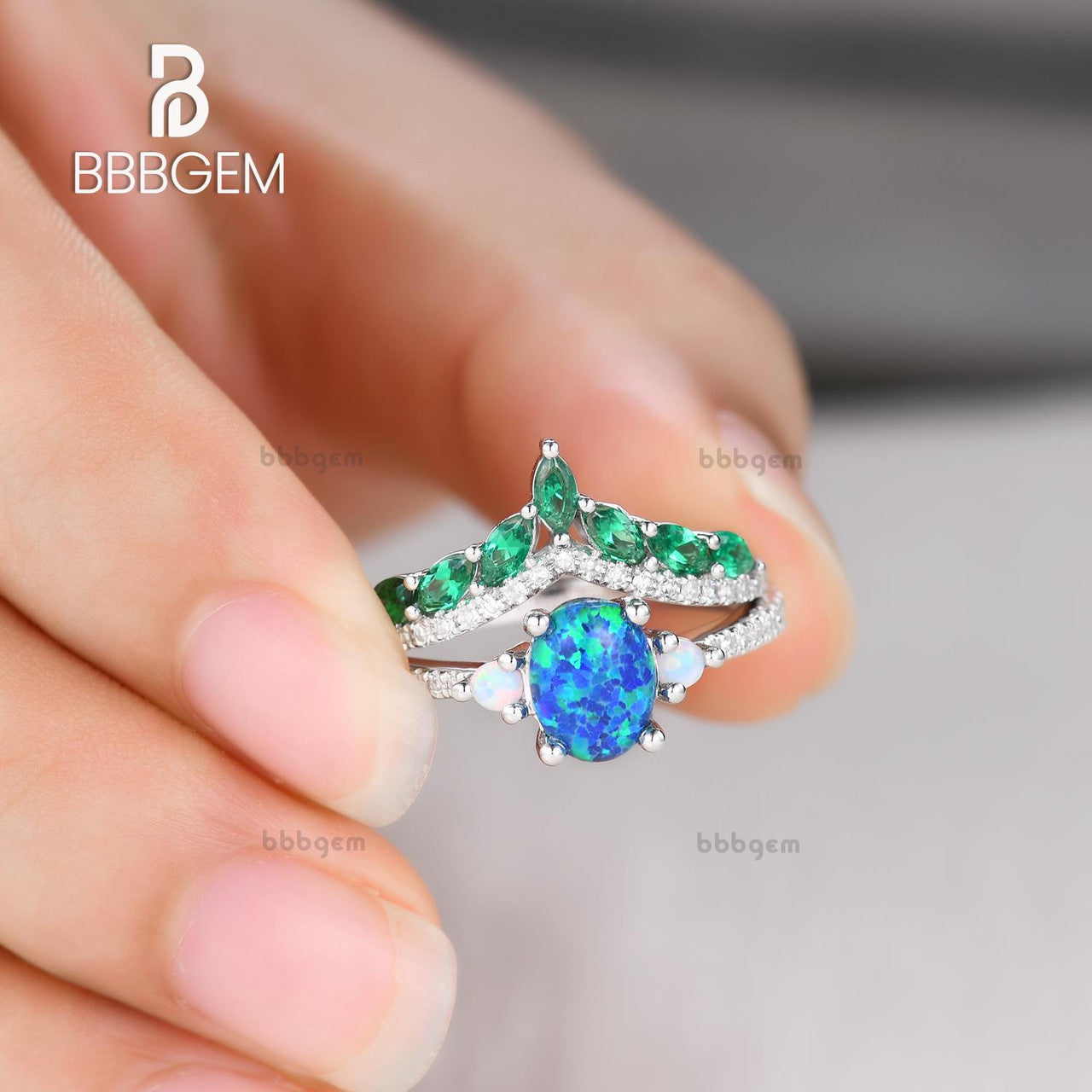 Black Opal & Emerald Diamond Engagement Ring Set – Elegant Wedding Band for Women | Perfect for Proposals, Anniversaries & Bridal Jewelry