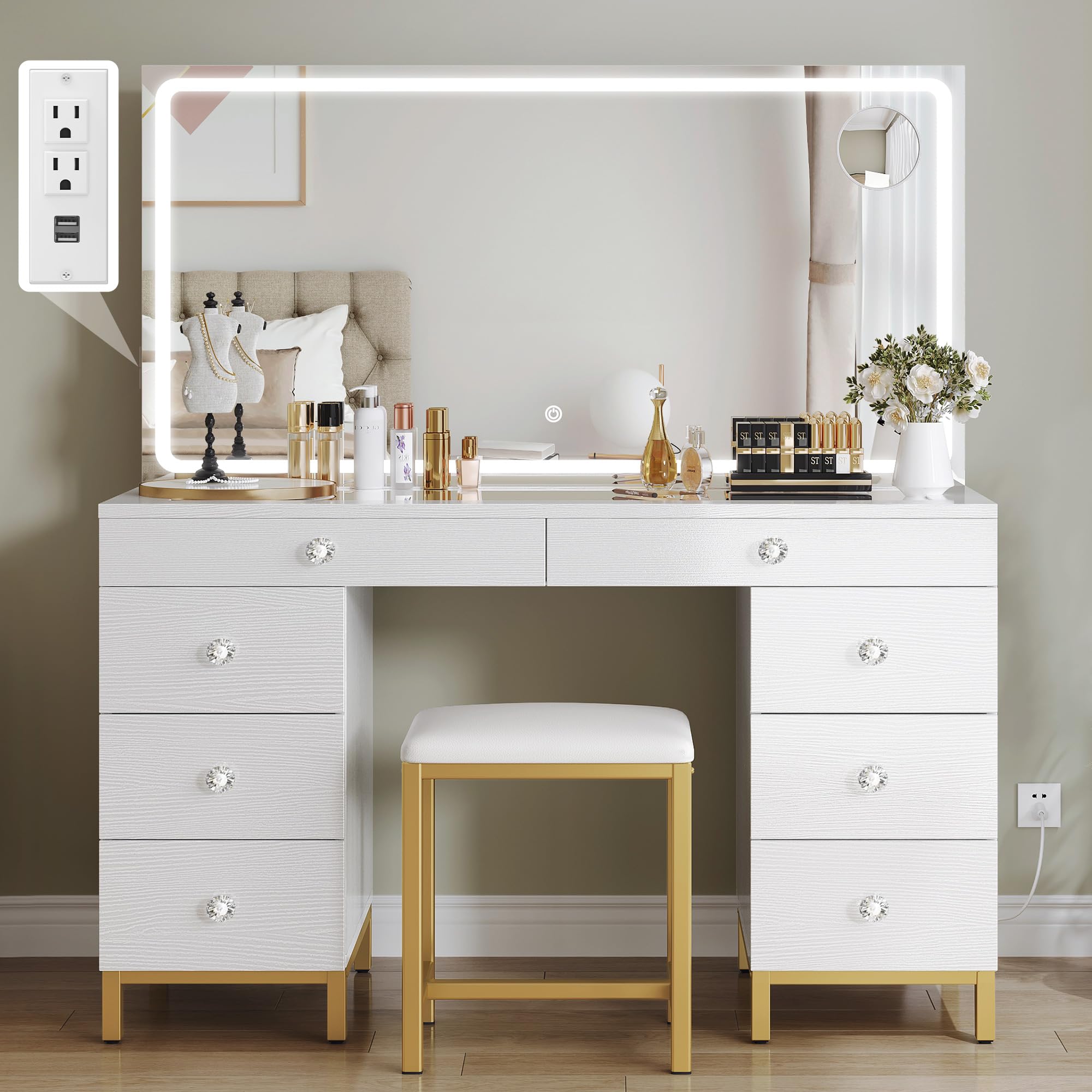 DWVO Vanity Desk with LED Lighted Mirror, Power Outlet & Magnifying Glass - 8 Drawers Makeup Dressing Table with 3 Color Modes, White | Perfect for Bedroom, Dressing Room & Home Salon Organization