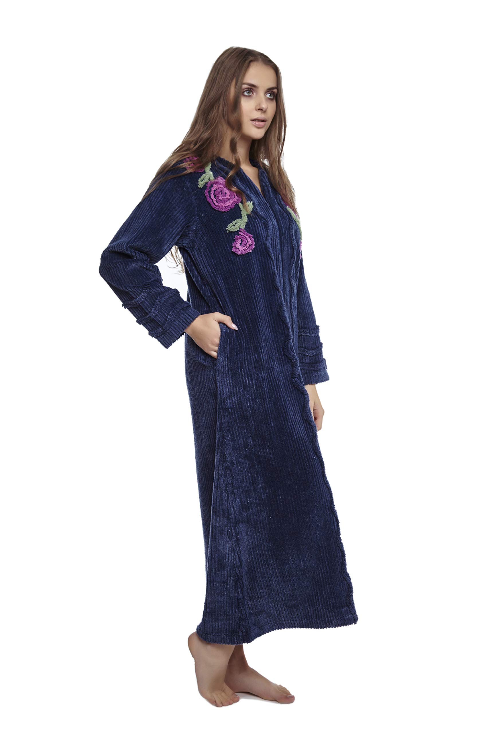 HOC Women's Floral Rose Embroidered Chenille Zipper Robe - Soft Kimono Bathrobe for Spa, Lounge & Home Comfort