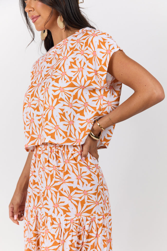Stylish Orange Multi Floral Print Two Piece Skirt Set for Women | Casual Dinner Outfit & Summer Party Dress | Perfect for Date Nights, Brunch, and Outdoor Events