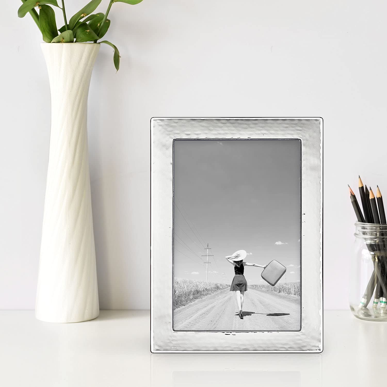 TIZO 5x7 Hammered Silver Decorative Picture Frame - Premium 925 Sterling Silver Photo Frame for Wall Display | Perfect for Wedding Photos, Family Portraits & Home Decor