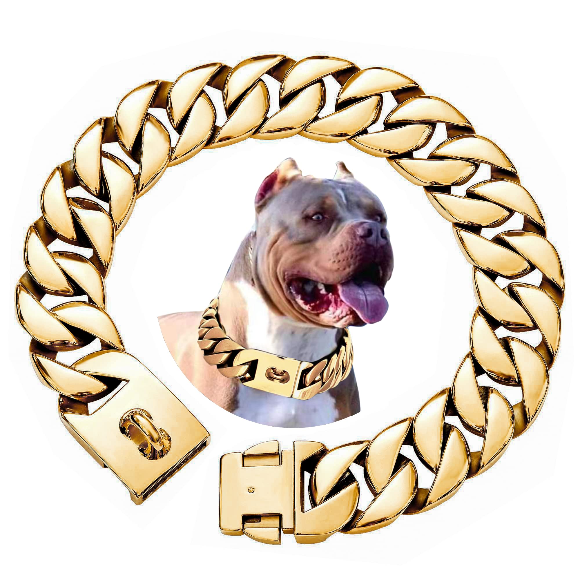 32MM Thick Heavy Duty Stainless Steel Cuban Link Dog Collar with Buckle - Gold Plated Large Dog Chain Collar for Big Dogs | Durable Pet Training Collar for Walking, Protection & Fashion