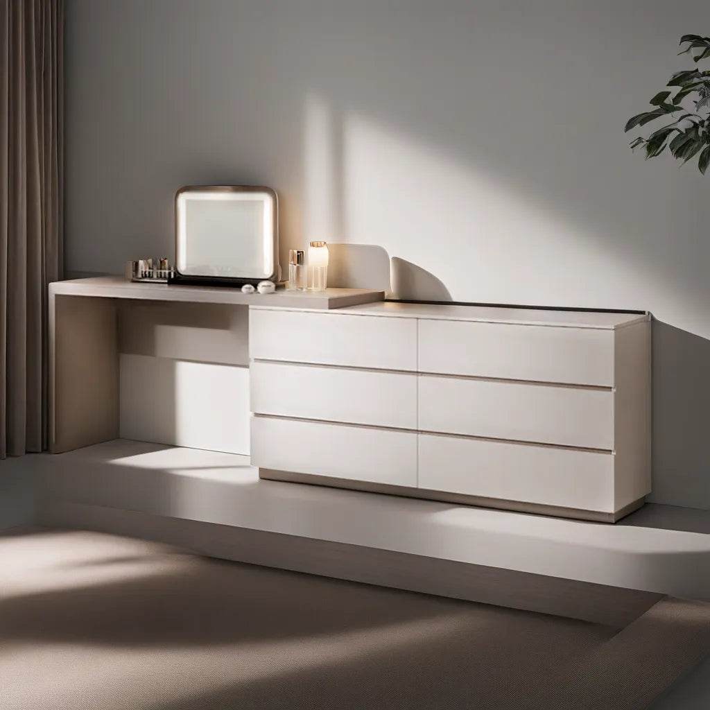 Lazarus Glossy Sintered Stone Extendable Dressing Table - Modern Vanity Desk with Mirror for Bedroom, Bathroom & Makeup Area - Perfect for Home Decor & Beauty Routine