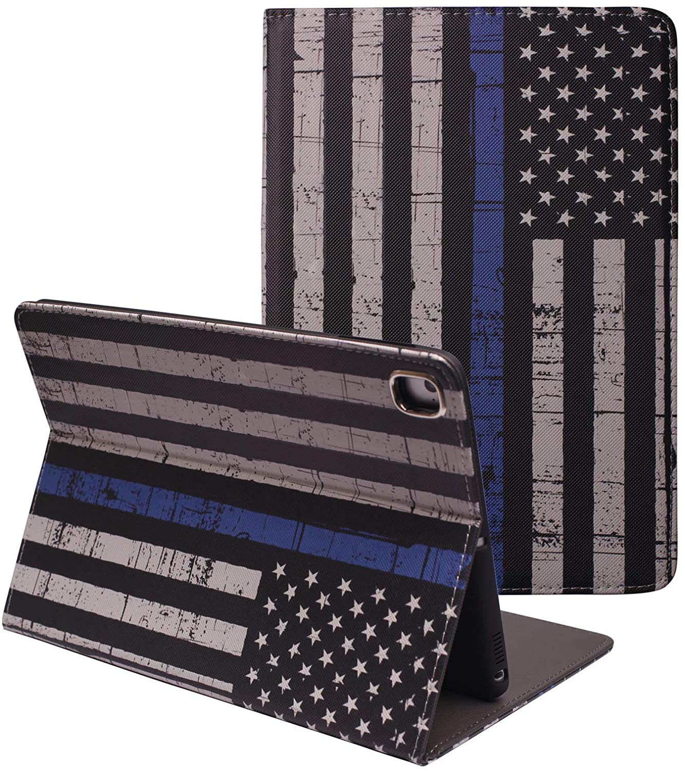 Premium PU Leather Magnetic Stand Smart Cover Case for iPad 9.7 inch (2018/2017, 6th/5th Gen), iPad Air/Air 2 & iPad Pro 9.7 - Auto Sleep/Wake, Thin Blue Line USA Flag Design - Perfect for Work, Travel & Home Use