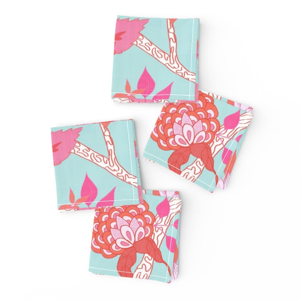 Set of 4 Spoonflower Linen Cotton Canvas Cocktail Napkins - Pastel Peony Chinoiserie Floral Print in Pink, Orange & Aqua | Perfect for Palm Beach Parties, Bridal Showers & Summer Entertaining