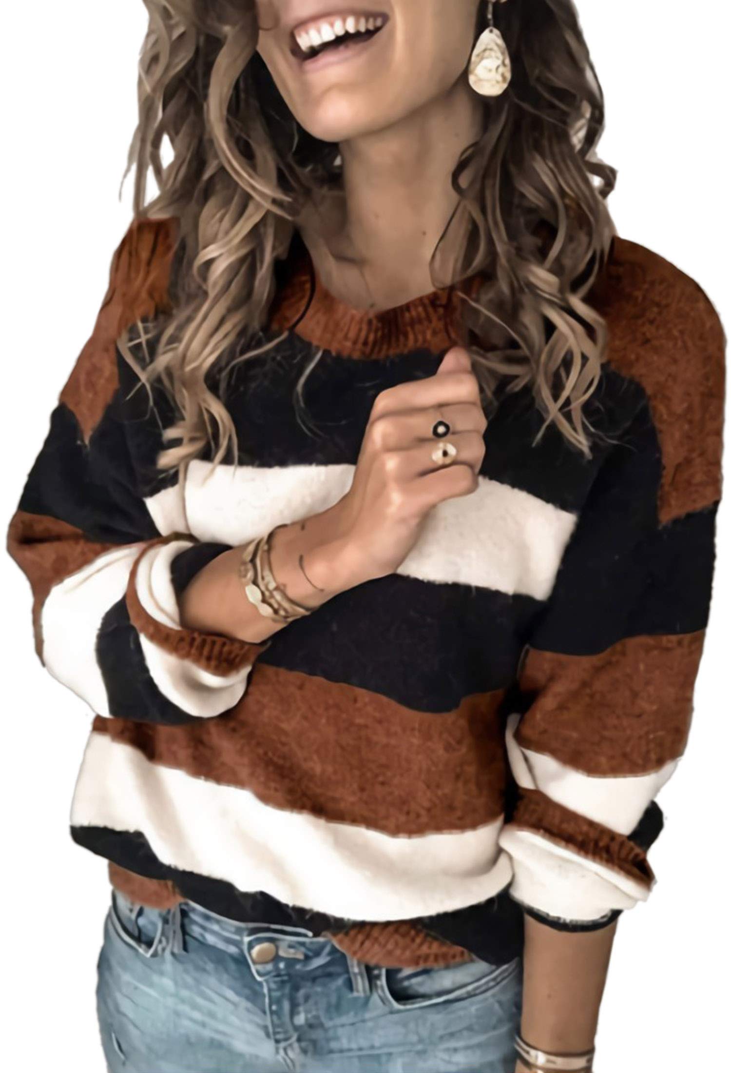 Angashion Women's Casual Long Sleeve Crewneck Color Block Patchwork Pullover Knit Sweater - Soft Winter Warm Tops for Office, Dating & Everyday Wear