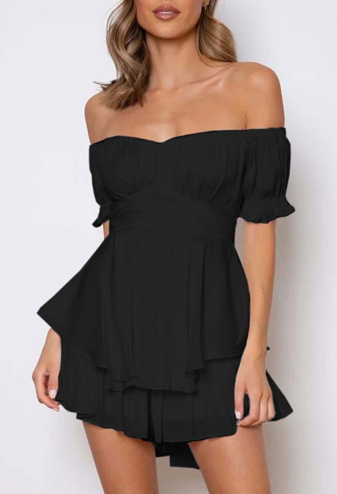 Fixmatti Women's Boho Off Shoulder Romper - Flowy Chiffon Ruffle Short Jumpsuit for Summer Beach Vacations & Music Festivals
