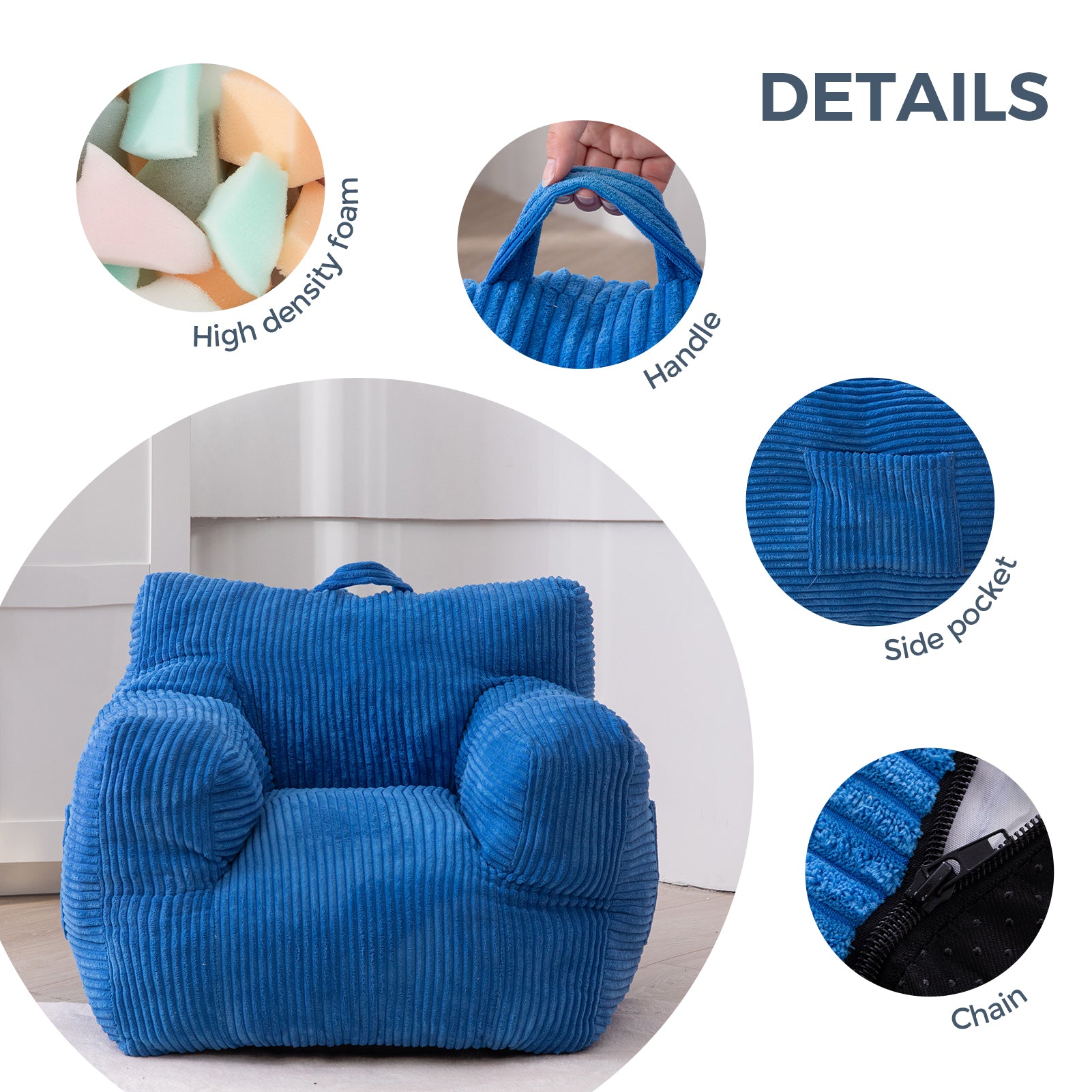 MAXYOYO Kids Bean Bag Chair - Soft Corduroy Bean Bag Couch with Armrests for Boys & Girls, Comfortable Seating for Bedroom, Playroom & Dorm (Blue) - Perfect for Reading, Gaming & Relaxing