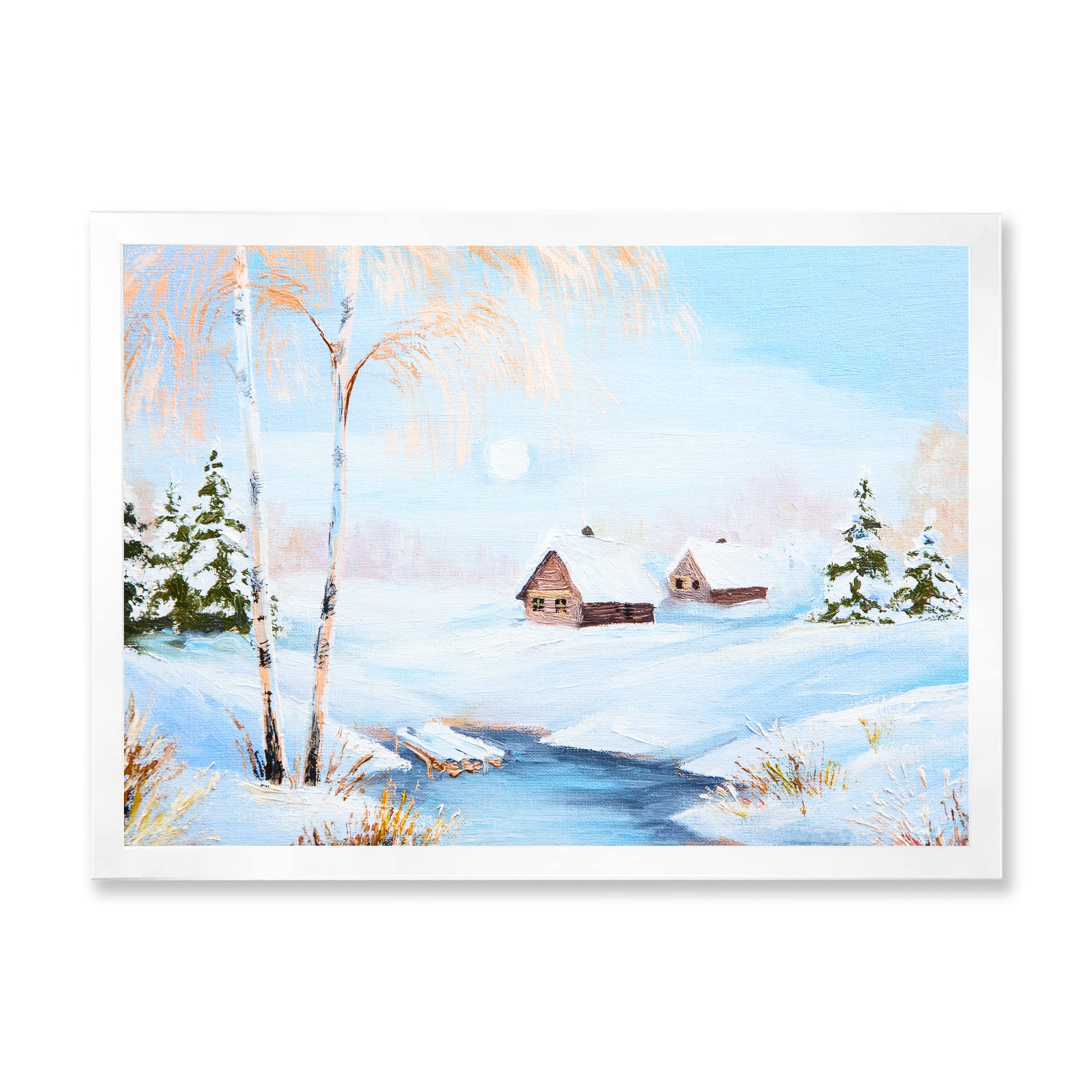DesignQ Winter Landscape Frozen River in the Forest Lake House Framed Wall Art - Nature Scenery Canvas Print for Living Room, Bedroom & Office Decor