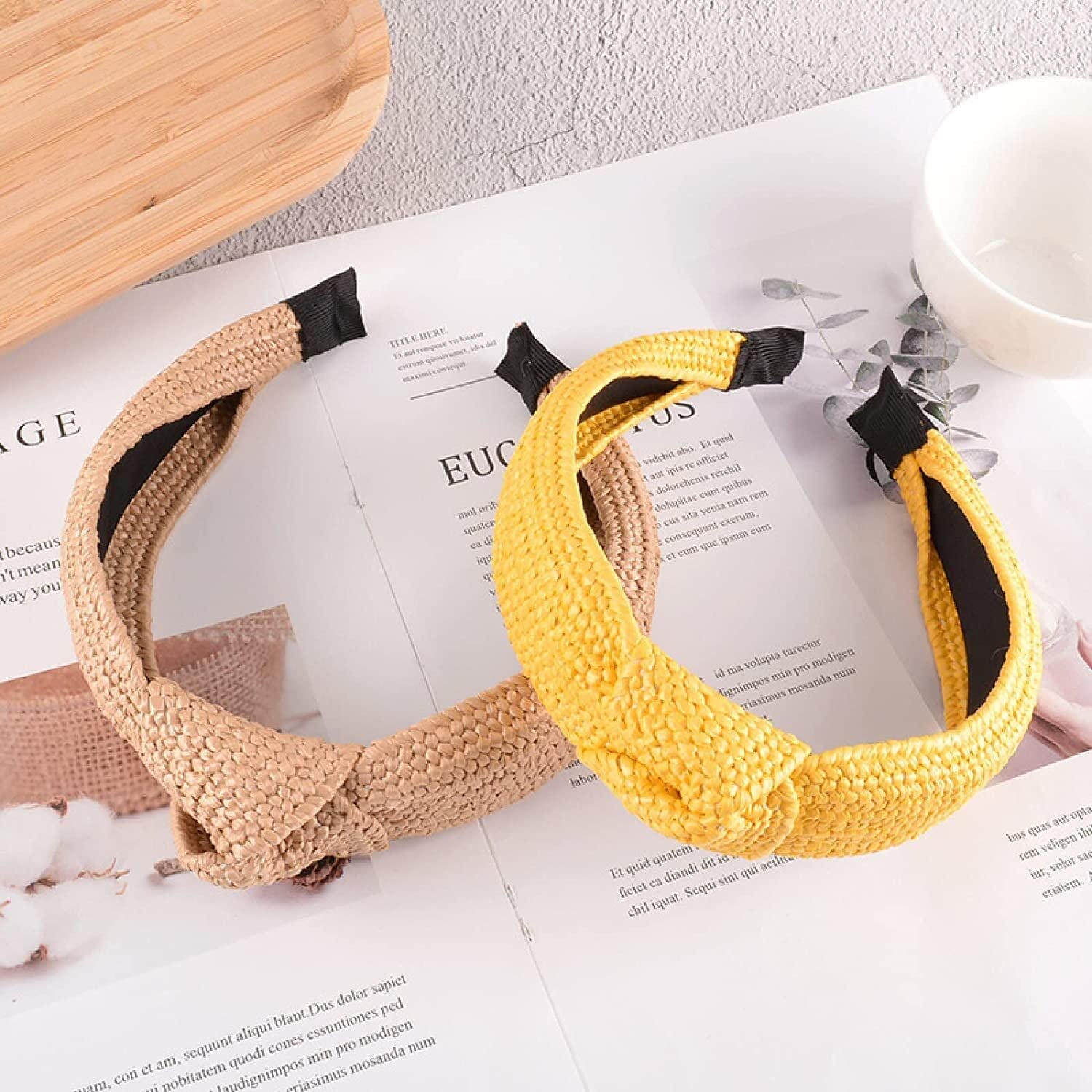 Women's Beige Knotted Raffia Braided Headband - Wide Sided Retro Hair Accessory for Face Washing, Yoga, Beach & Fashion Styling