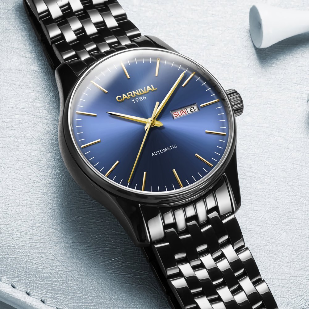 Gosasa Men's Automatic Mechanical Stainless Steel Watch - Ultra Thin Simple Day Date Waterproof Wristwatch for Business & Casual (Black/Blue) | Perfect for Office, Dating & Everyday Wear