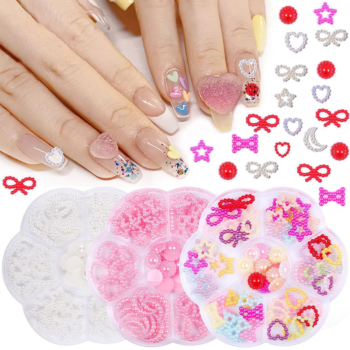200 Pcs/Set 3D Multi-Shaped Nail Charms Flatback Pearls - White Heart Star Moon Rhinestone Gems for Nail Art, DIY Crafts & Decoration | Perfect for Nail Salons, Home Manicures & Gift Giving