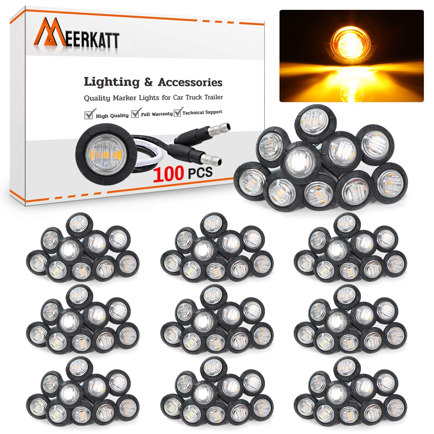 Meerkatt 3/4 Inch Round Mini Side Marker Clearance Lamp - Sealed SMD LED Indicator Lights with Plug (12VDC Waterproof, Clear Lens/Amber Light) - Pack of 100 for Trailers, Trucks, Pickups & ATVs - Perfect for Nighttime Visibility & Safety Lighting