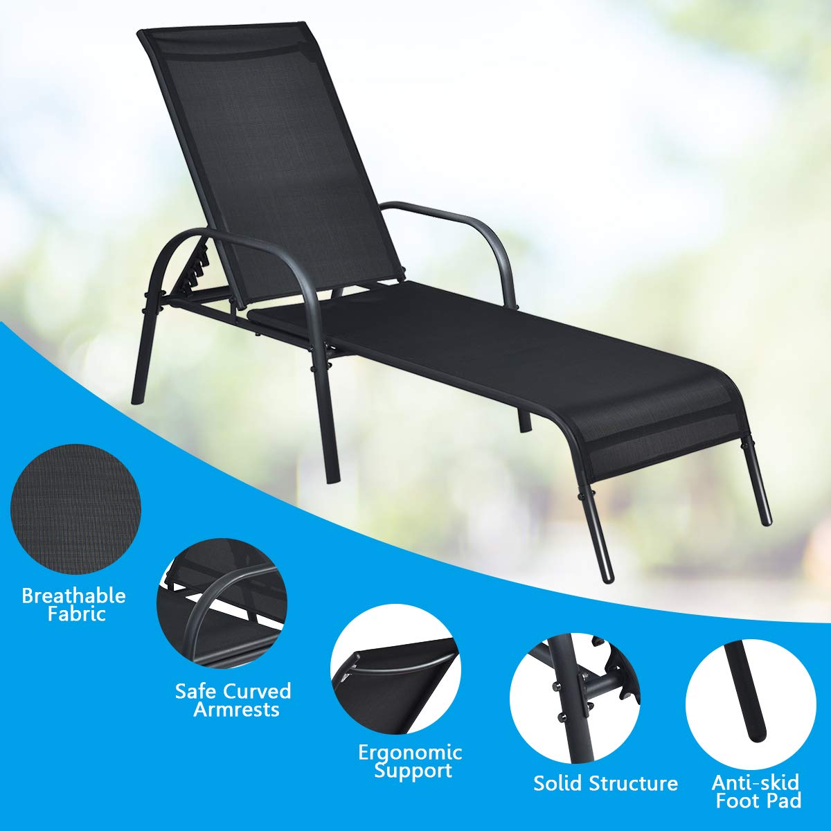 Giantex 2-Pack Adjustable Reclining Chaise Lounge Chairs - Patio, Backyard, Pool & Beach Outdoor Furniture with Foldable Design & Adjustable Backrest - Perfect for Sunbathing, Relaxing by the Pool or Backyard Lounging (Black)
