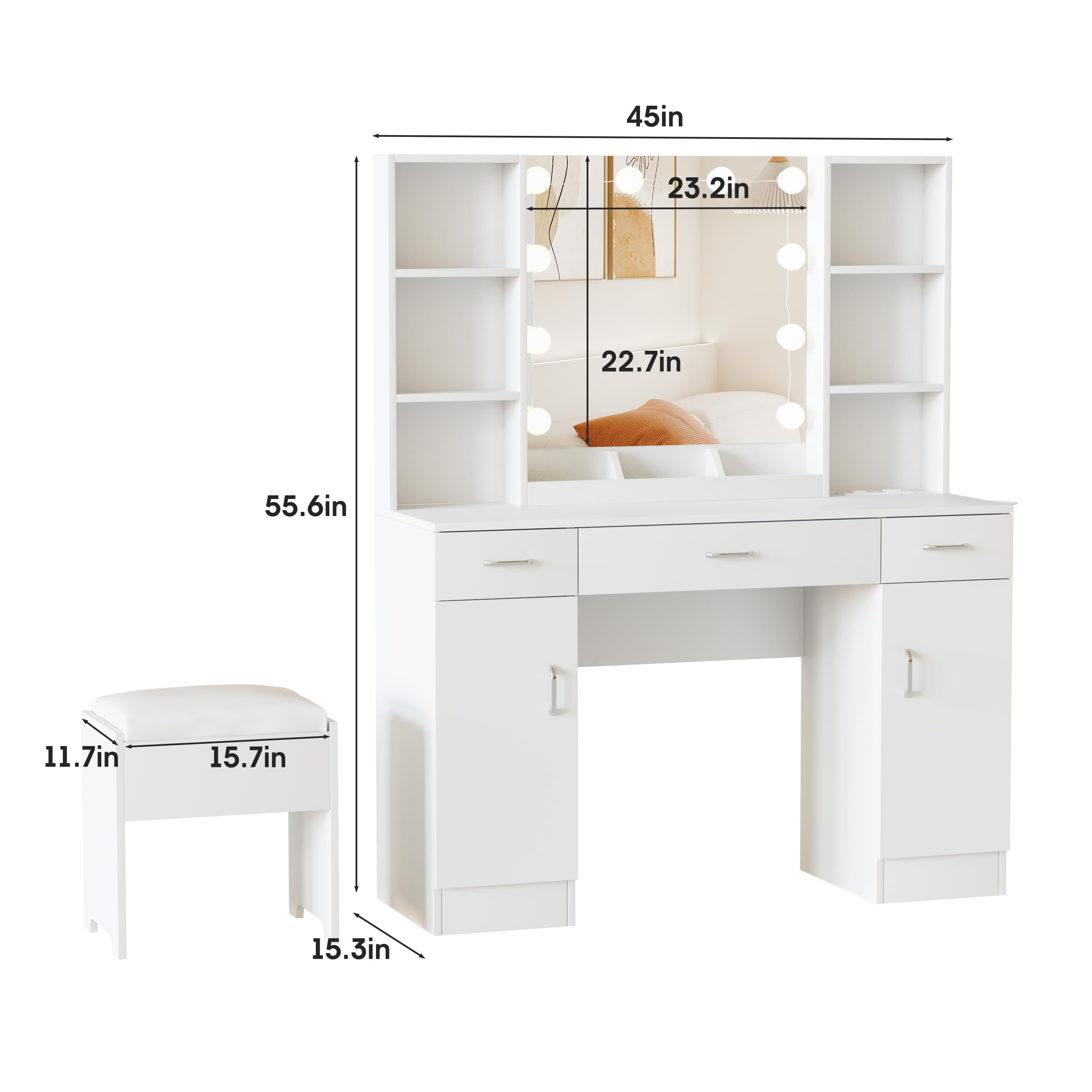 Premium Makeup Vanity Table with LED Lighted Mirror & Built-in Outlets - Large Dressing Table with Ample Storage, 3 Lighting Modes & Adjustable Brightness (45 Inch) - Perfect for Home Beauty Salon, Bedroom Decor & Professional Makeup Artists