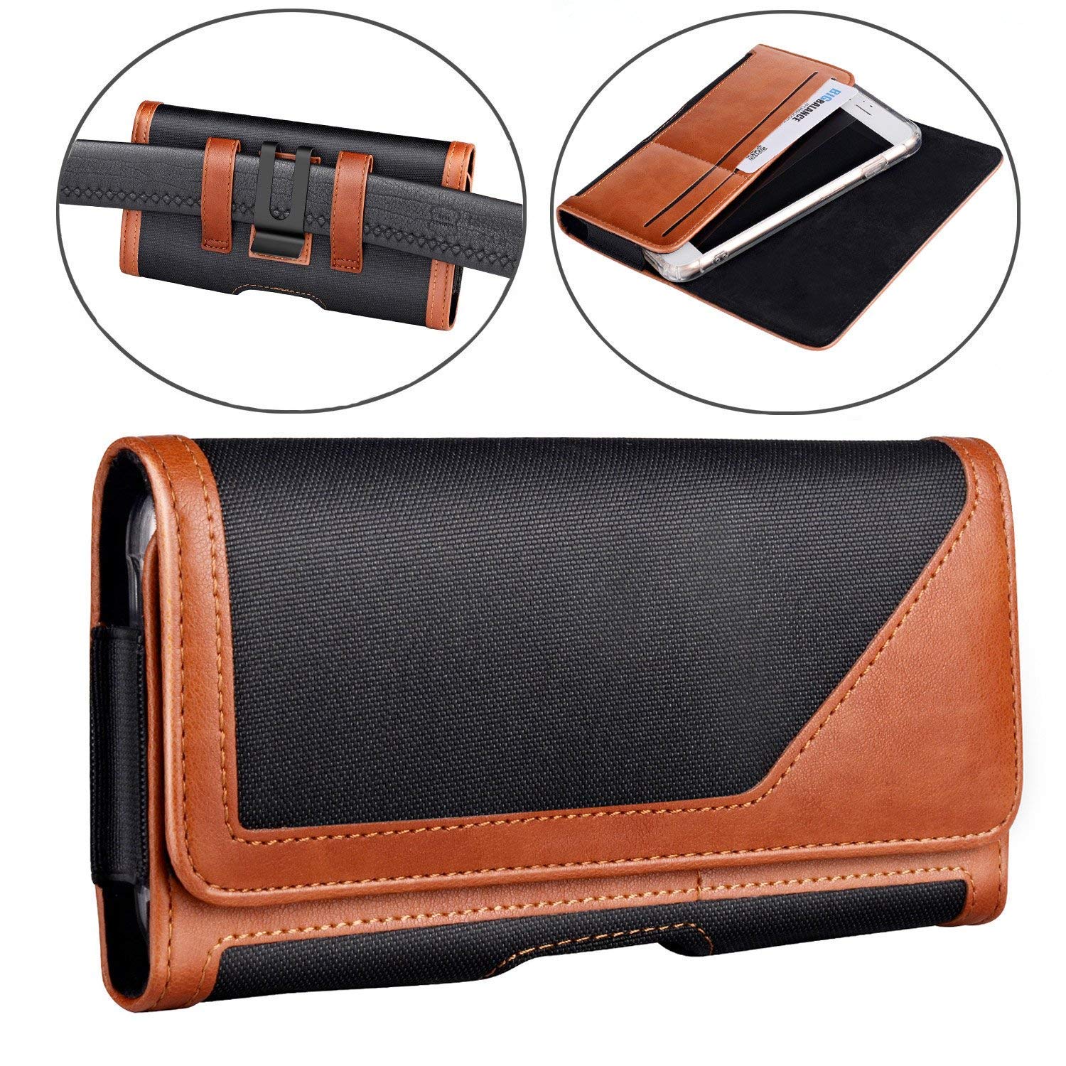 Gcepls iPhone XS MAX/XR/8 Plus/7 Plus Holster Pouch with Belt Clip & Card Slot - Compatible with Galaxy S9 Plus (Fits Thin Cases) - Black/Brown - Perfect for Outdoor Activities, Work & Travel