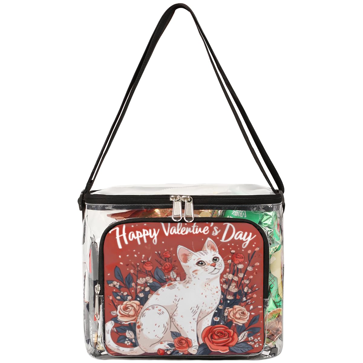 GzLeyigou Clear Transparent Tote Bag with Handles - Cute Cat Design Crossbody Shoulder Bag for Lunch, Outdoor, Travel, Picnic, Concerts & Sports Events | Stadium Approved Multipurpose Purse | Perfect for Valentine's Day Gifts, School, Beach & Shopping