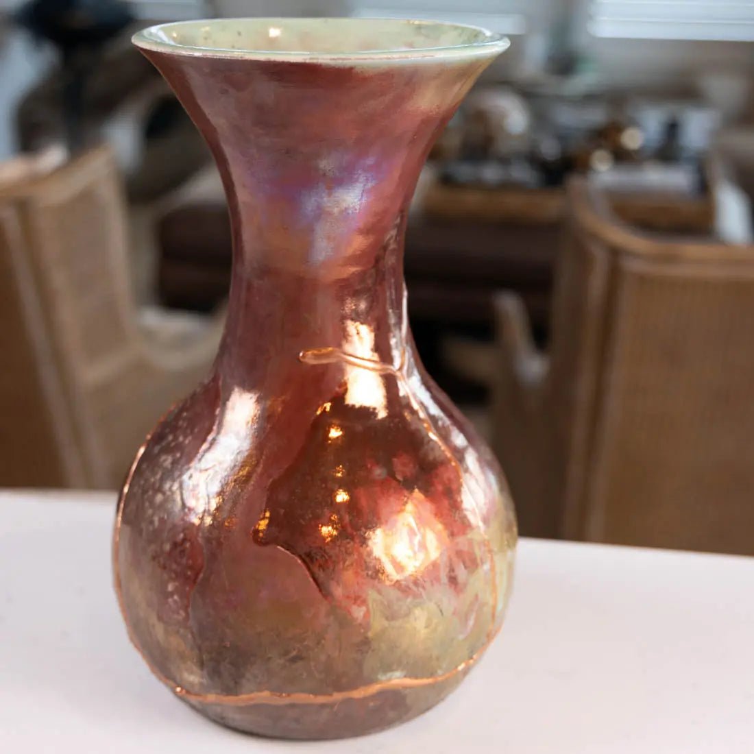 #54 XXL KINTSUGI Raku Decorative Pot/Vase - Handcrafted Copper & Seafoam Glaze Ceramic Planter - Japanese Art Inspired Home Decor for Living Room, Office & Garden