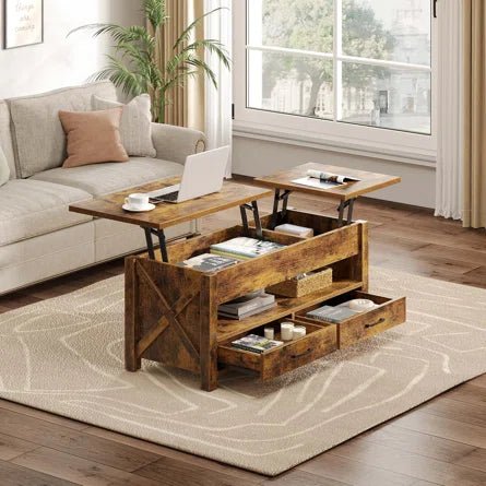 Handmade Dextyn Lift-Top Coffee Table with 2 Storage Drawers - Rustic Living Room Furniture for Small Spaces, Perfect for Apartments & Home Decor