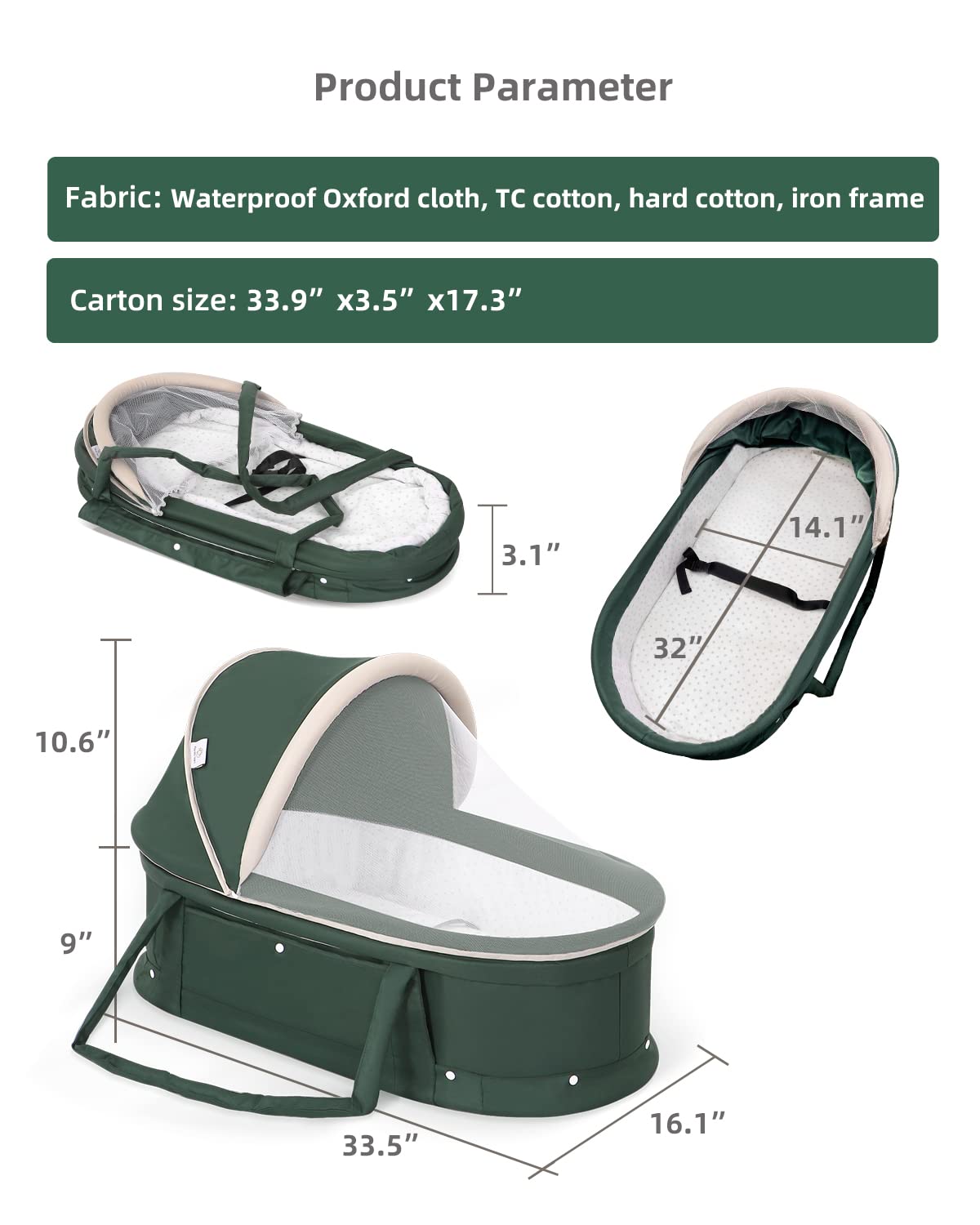 Portable Baby Bassinet for Travel - 2-in-1 Canopy Mini Crib & Co-Sleeper Bed for Newborns & Infants | Lightweight, Foldable & Safe | Perfect for Home, Nursery, Camping & Airplane Travel (Green)