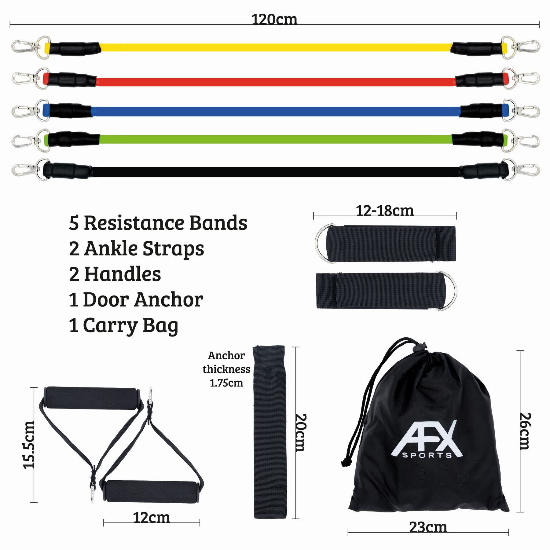 AFX Sports 5-Piece Resistance Bands Set with Handles & Ankle Straps - Home Gym Equipment for Strength Training, Yoga, Pilates & Physical Therapy - Perfect for Full-Body Workouts at Home or Travel Fitness
