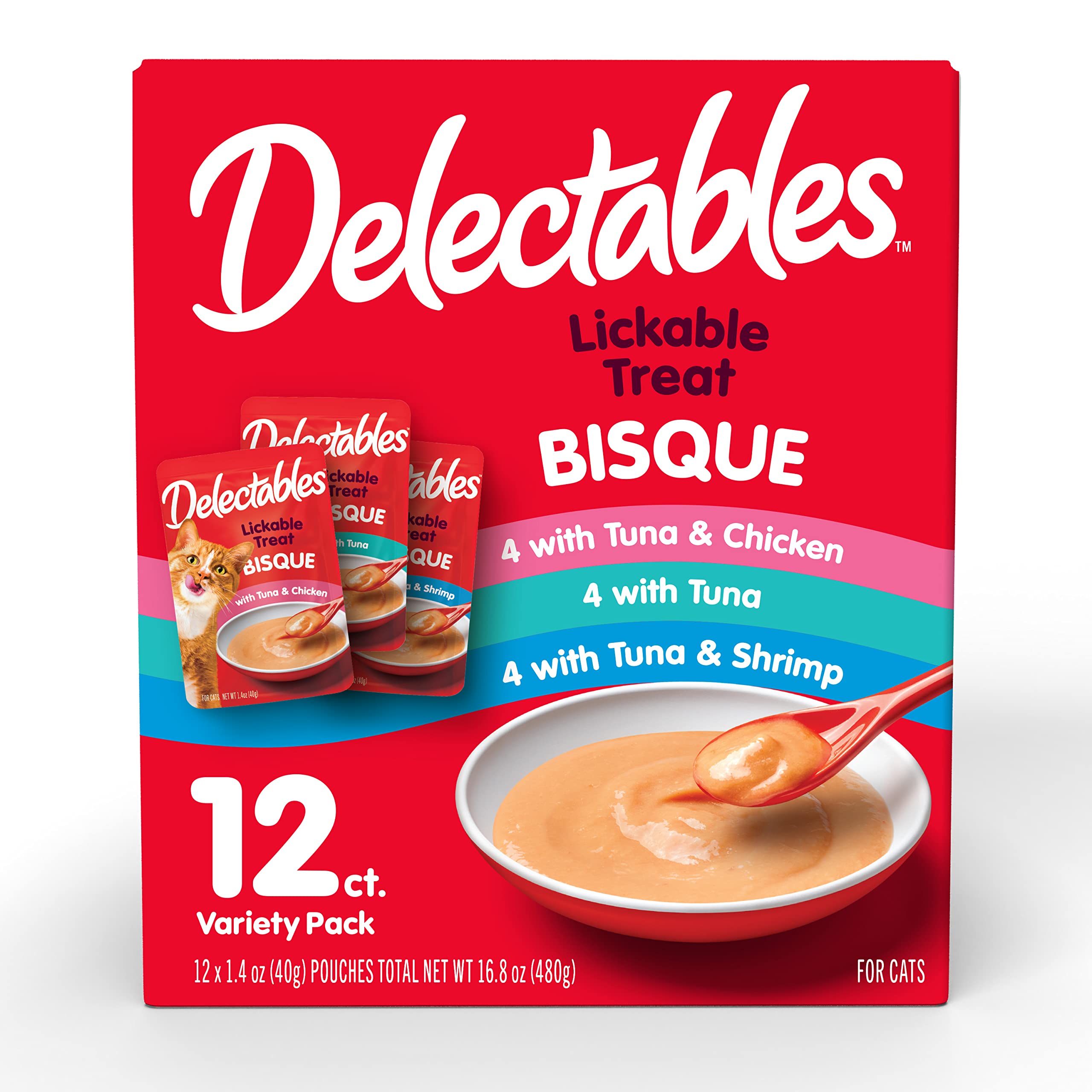Delectables Bisque Lickable Wet Cat Treats - Chicken, Tuna & Shrimp Flavor, 12 Count Pack - Perfect for Senior Cats, Picky Eaters & Bonding Time