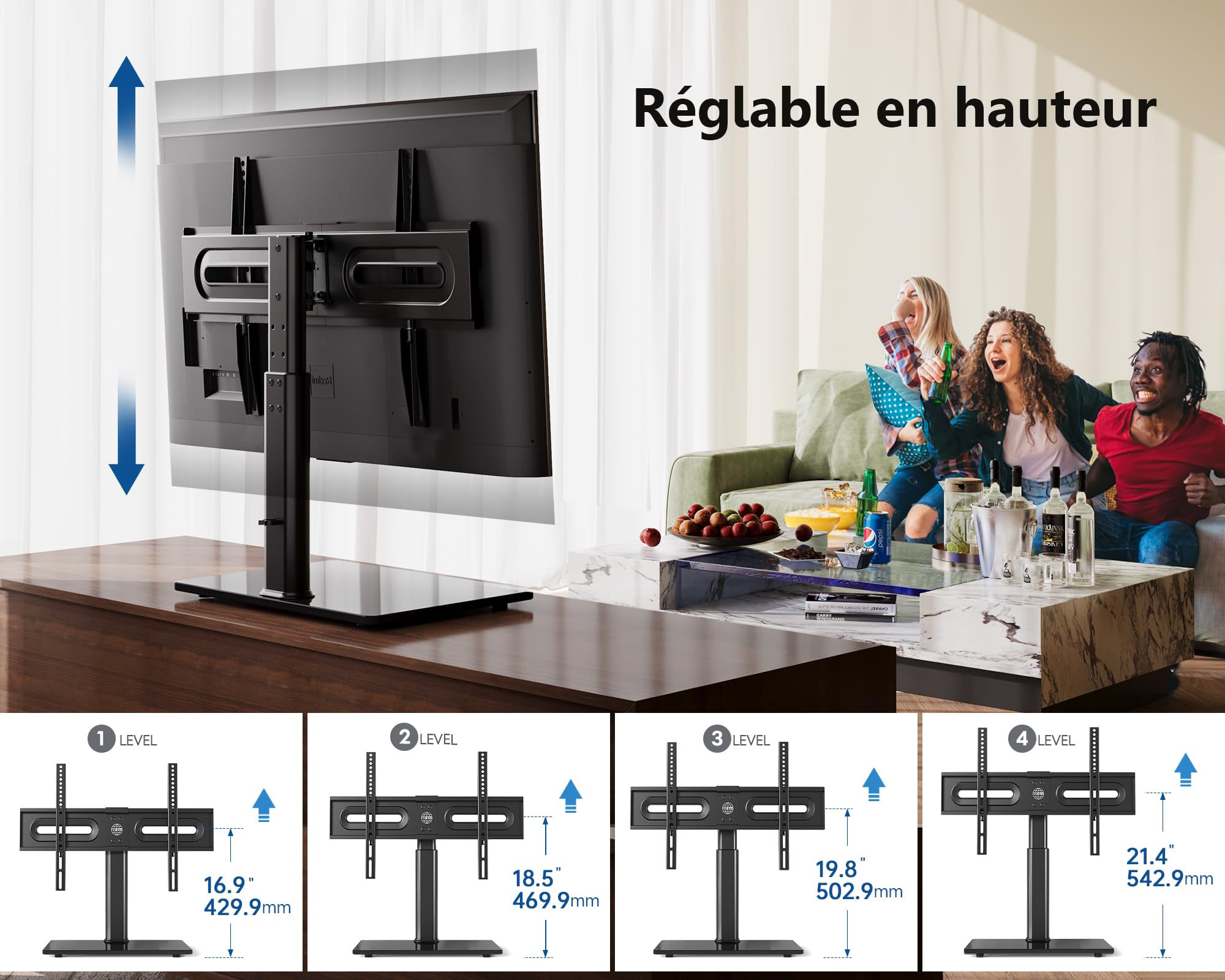 FITUEYES Adjustable Height TV Stand with Swivel ±40° for 32-65 Inch Screens - Max Load 40kg, VESA 400x600mm - Perfect for Living Room, Bedroom & Home Theater Setup