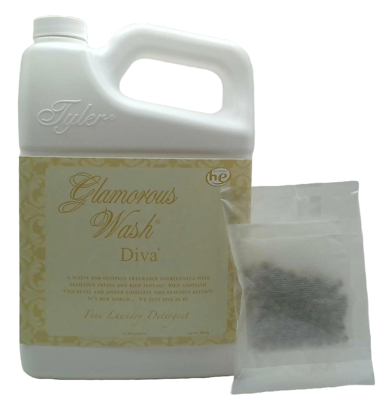 Tyler Candle Glamorous Wash Diva 64 oz (Half Gallon) Laundry Detergent with Scented Sachet Pouch - Fresh Scent for Clothes, Linens & Towels