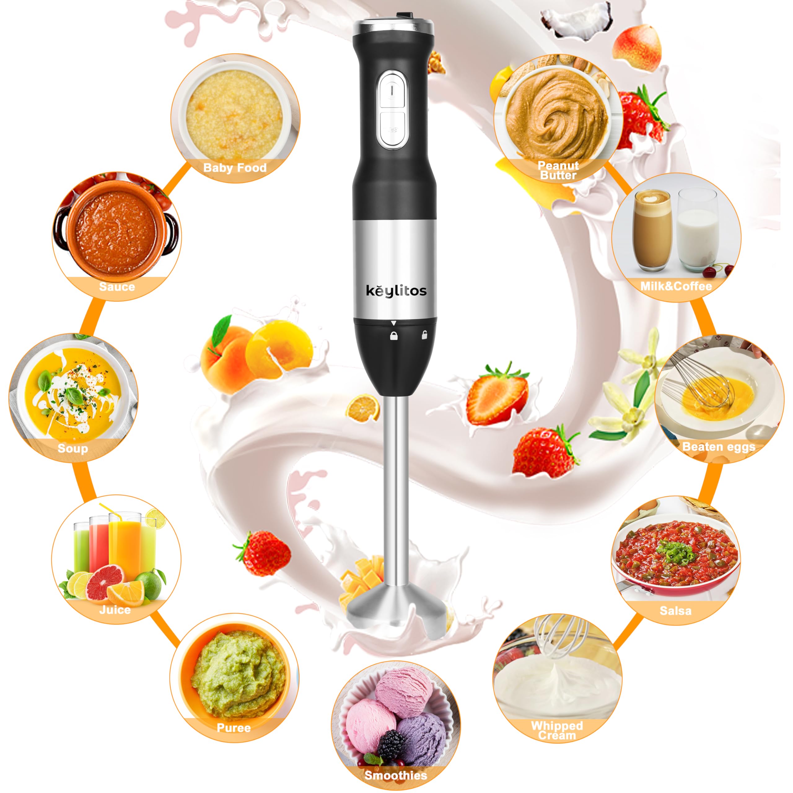 Keylitos 5-in-1 Immersion Hand Blender Mixer Set - 600W Upgraded Stick Blender with 600ML Food Chopper, 800ML Mixing Beaker, Whisk & Milk Frother - Perfect for Smoothies, Baby Food, Sauces, Puree, Soup - Ideal for Kitchen, Home Cooking & Meal Prep (Black)