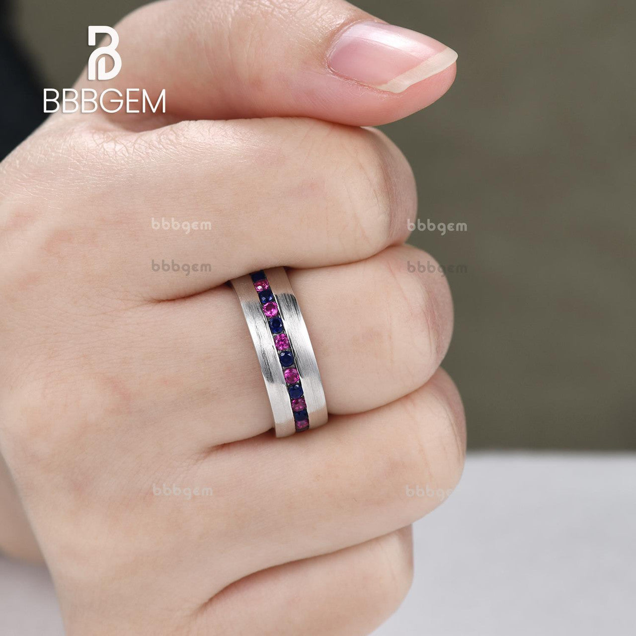 7mm Matte Blue Sapphire & Lab Ruby 3/4 Eternity Band Ring for Men - Sterling Silver Satin Finish - Wedding Band, Anniversary Gift, Promise Ring, Everyday Jewelry