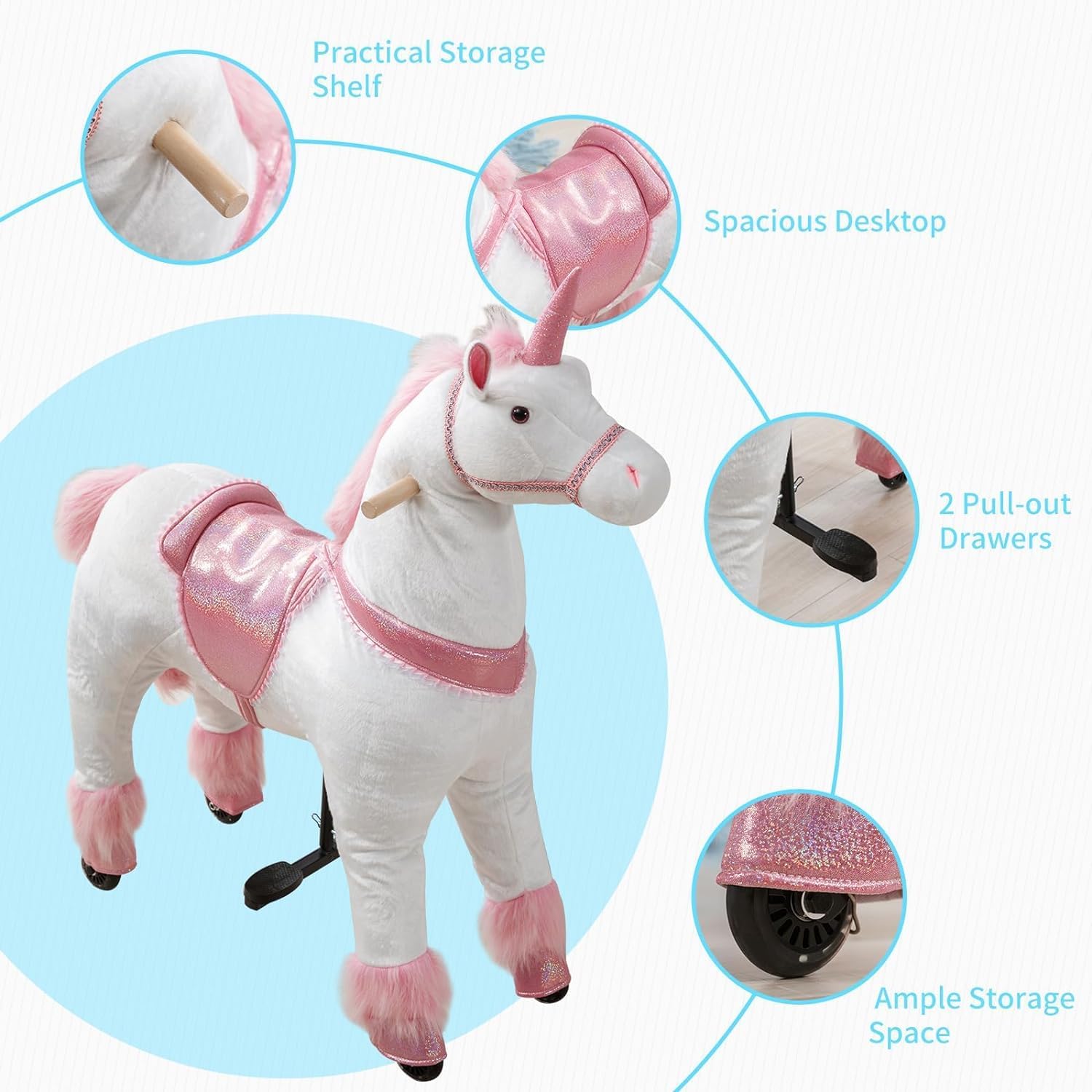 **Pink Unicorn Ride-On Toy for Girls & Adults - Mechanical Walking Plush Pony, No Battery Needed, Max Weight 187 lbs - Perfect for Indoor Play, Birthday Gifts & Fantasy Adventures**