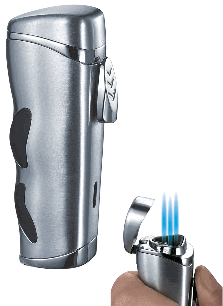 Premium Visol Trulucks Silver Triple Torch Flame Cigar Lighter - Windproof Butane Lighter for Cigars, Cigarettes & Outdoor Use (Perfect for Smoking, Camping, BBQ & Gifts)