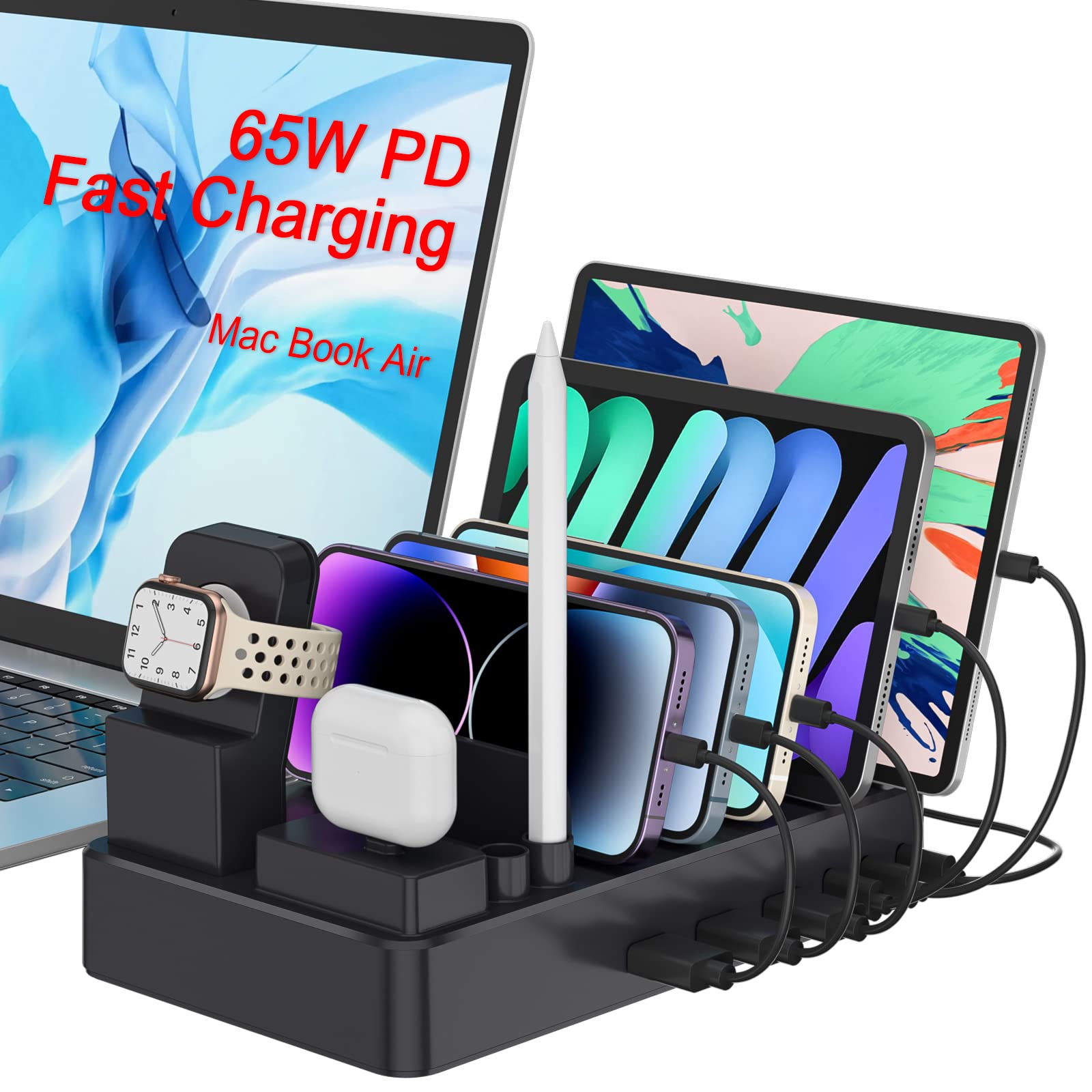 9-in-1 Multi-Device Charging Station with 156W PD 3.0 - 6-Port USB C Fast Charger for MacBook, iPad Pro, iPhone | Includes 65W PD Port & iWatch/AirPods/Pencil Charger Stand | Perfect for Home, Office & Travel Charging Needs