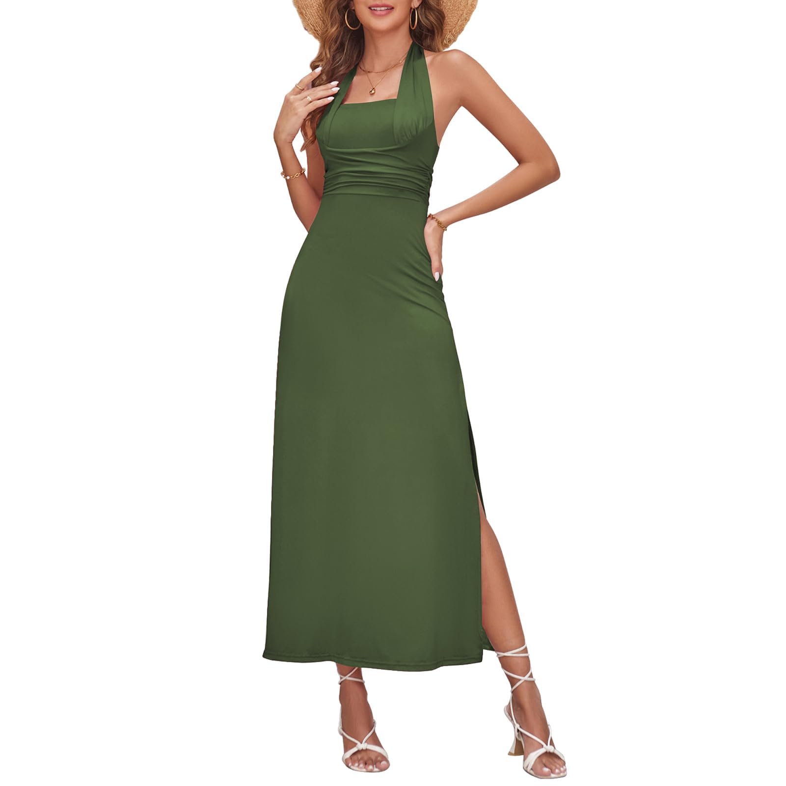 2024 Women's Strapless Halter Satin Maxi Dress with High Slit - Elegant Formal Gown for Wedding Guest, Summer Party & Special Occasions