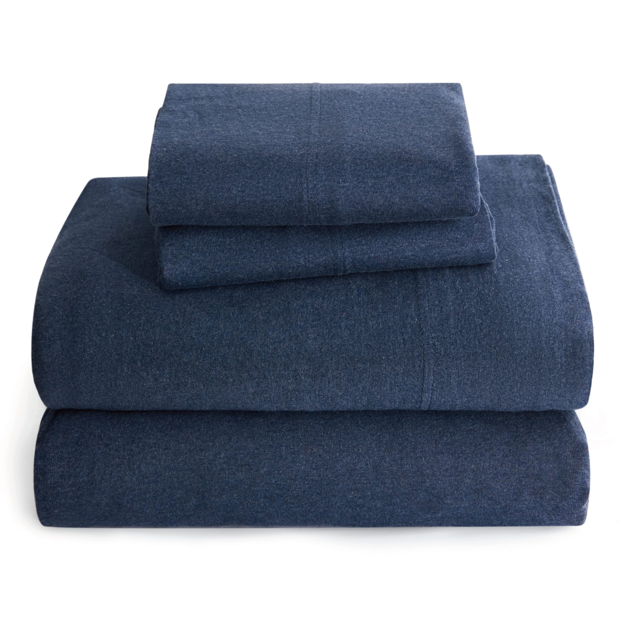 Bedsure 100% Cotton Jersey Knit Sheet Set Queen Size - Soft Breathable 4-Piece T-Shirt Style Bedding (1 Flat Sheet, 1 Fitted Sheet, 2 Pillowcases) Navy Blue - Perfect for All-Season Comfort in Bedroom, Guest Room & Dorm