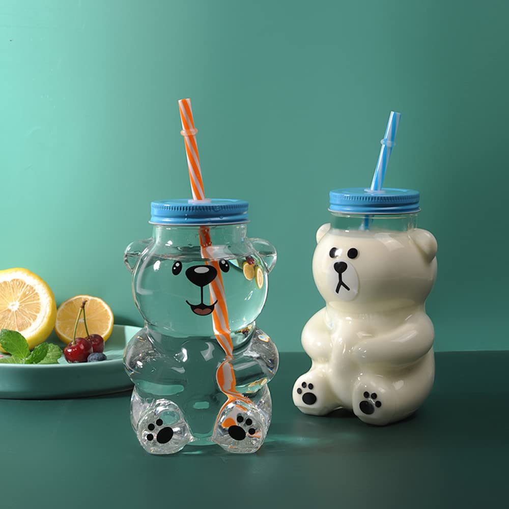 Kawaii Bear Sippy Cup 19oz - Clear Glass Cup with Lid & Straw - Cute Bear Bottle for Juice, Milk, Tea, Smoothies - BPA Free, Microwave Safe - Perfect for Kids, Home, Office & Travel (Smiling Bear Design)